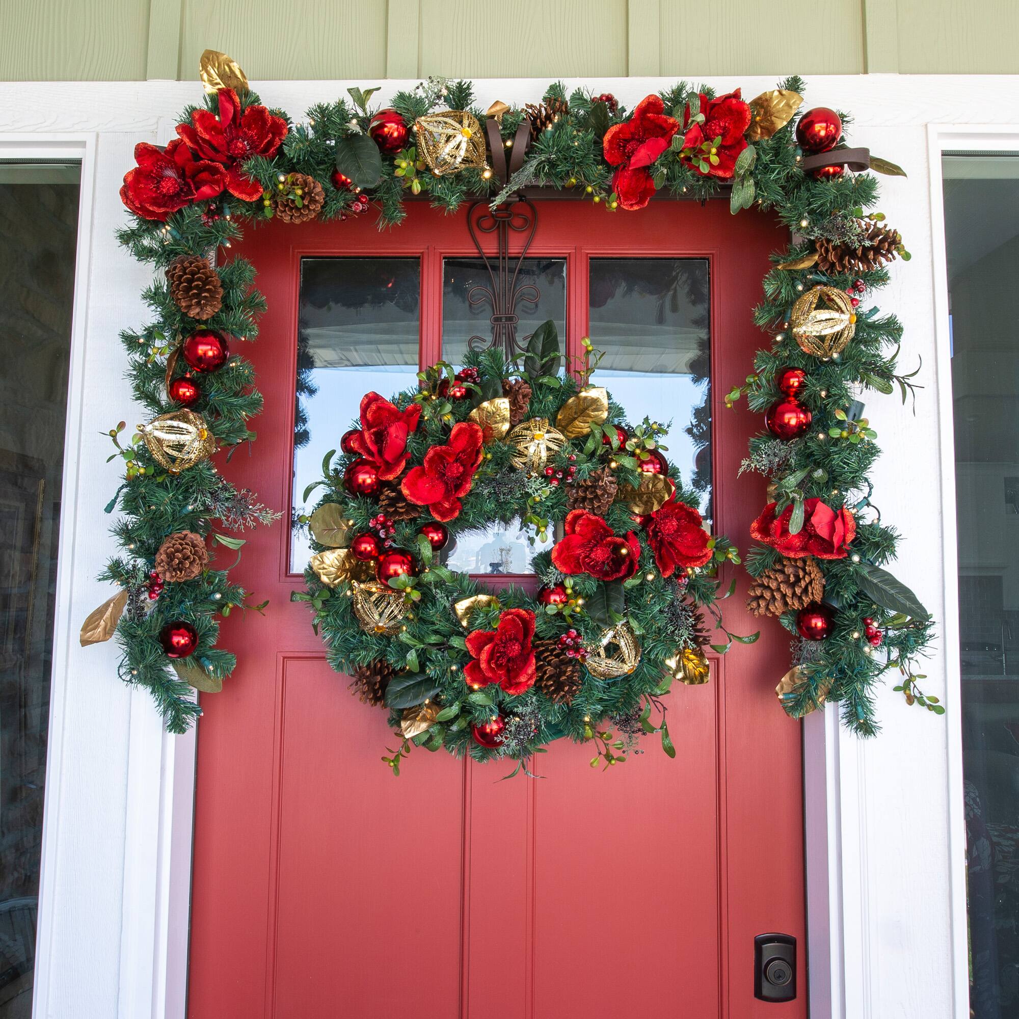 Village Lighting 9ft. Pre-Lit LED Red Magnolia Christmas Garland